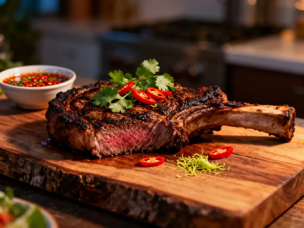 Soczysty stek ribeye z tajską marynatą, udekorowany kolendrą, chili i limonką, podany na drewnianej desce.
