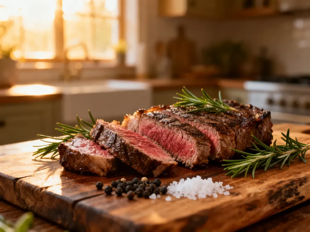 Soczysty stek wysmażony w stopniu medium-rare, pokrojony w plastry na drewnianej desce z przyprawami.