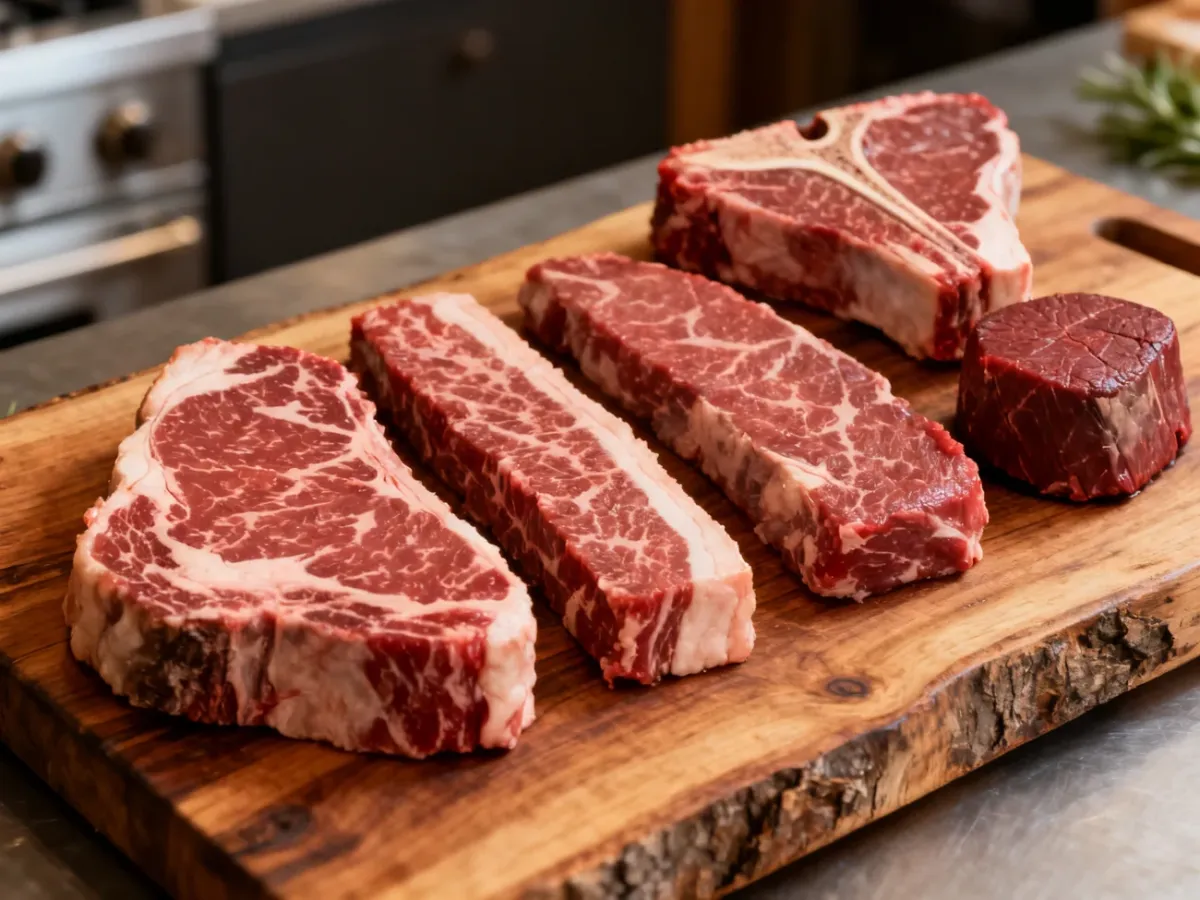 Różne kawałki wołowiny na steki, w tym antrykot, rostbef, polędwica i T-bone