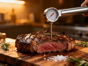 Soczysty stek ribeye na drewnianej desce, udekorowany świeżym rozmarynem i pieprzem, gotowy do podania.