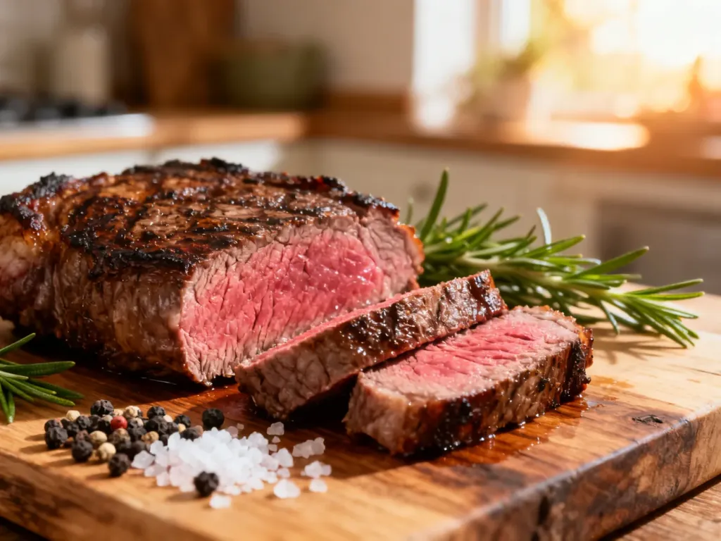 Soczysty stek z krzyżowej w stopniu wysmażenia medium-rare na drewnianej desce z przyprawami i świeżym rozmarynem.