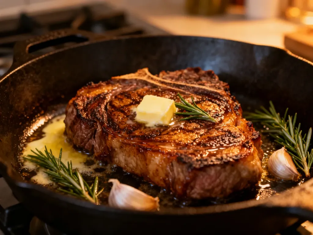 Soczysty stek ribeye smażony na żeliwnej patelni z masłem, czosnkiem i rozmarynem, podkreślający idealnie chrupiącą skórkę.