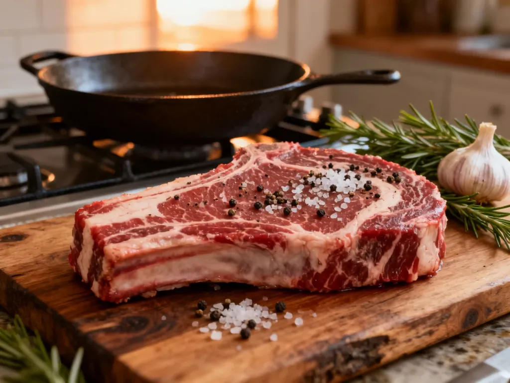 Surowy stek ribeye z przyprawami na drewnianej desce, przygotowany do smażenia na żeliwnej patelni.