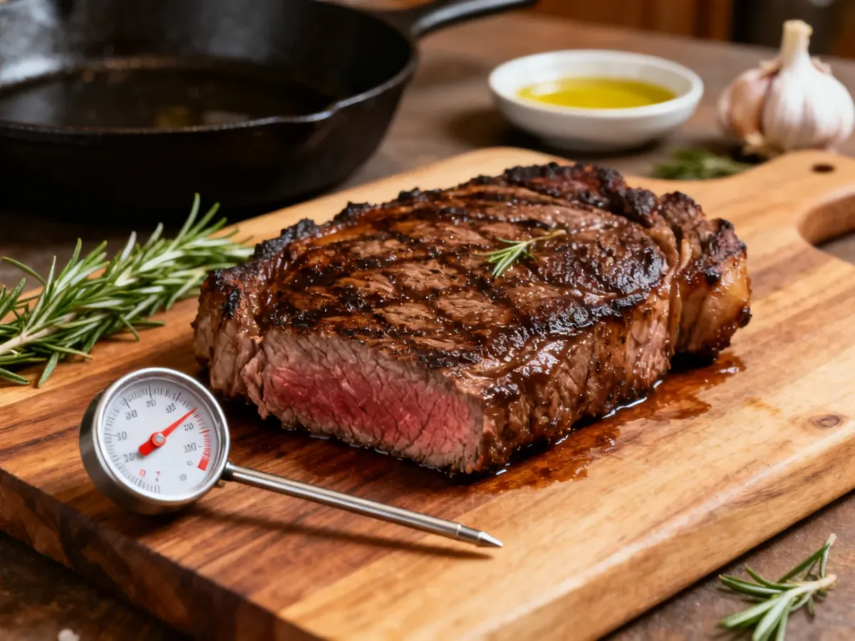 Usmażony stek medium rare z termometrem i dodatkami do wykończenia