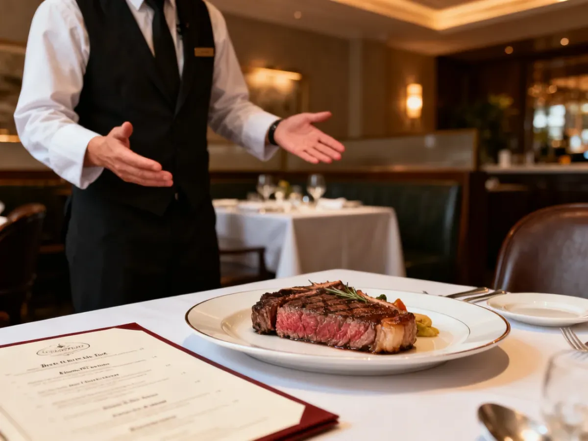 Kelner wyjaśniający gościom różnice między kawałkami wołowiny w steakhouse