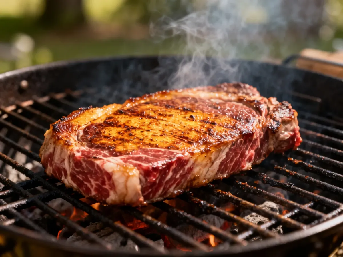 Wysokiej jakości stek wołowy z rumianą skórką na rozgrzanym grillu