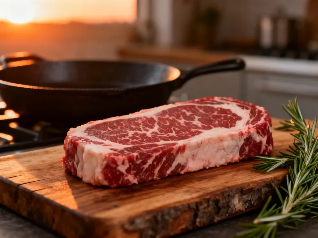 Surowy stek striploin z wyraźną marmurkowatością na drewnianej desce, przygotowany do smażenia w domowej kuchni.