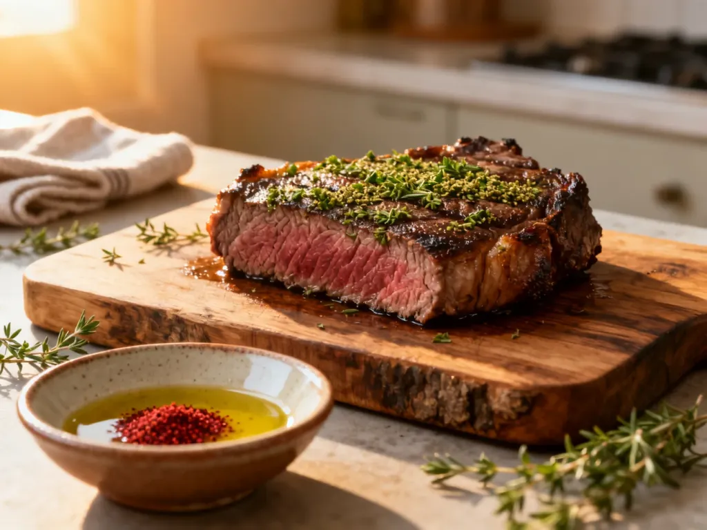 Soczysty stek medium-rare z przyprawą za'atar podany na drewnianej desce z miseczką oliwy i sumakiem.