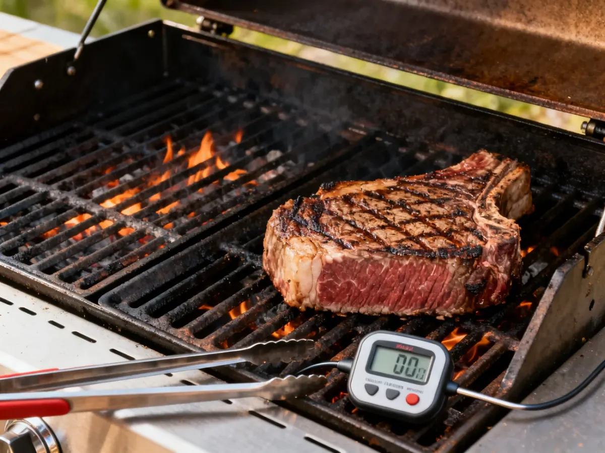 Gruby stek i narzędzia przygotowane przy rozgrzanym grillu z dwiema strefami grzania