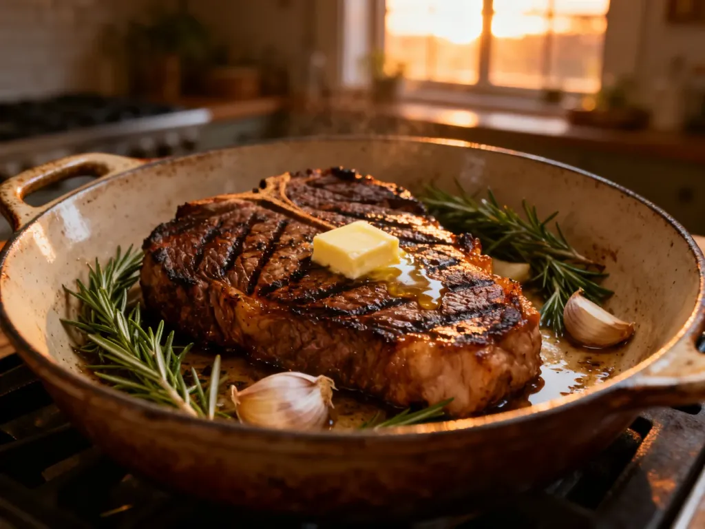 Soczysty stek ribeye z ziołami i czosnkiem w ceramicznym naczyniu, przygotowany do pieczenia w piekarniku.