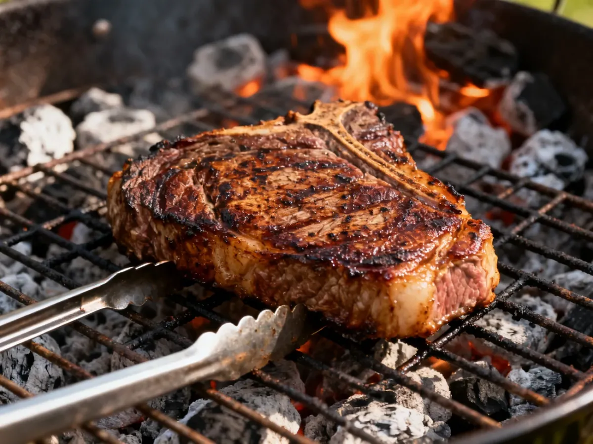 Grillowany stek z rumianą skórką nad rozżarzonym węglem