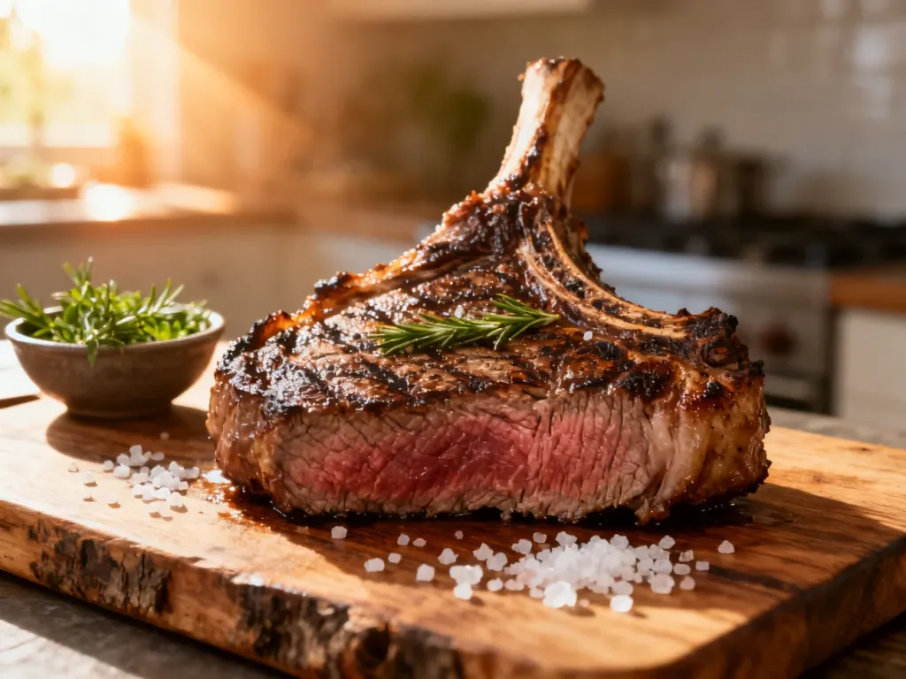 Soczysty stek ribeye na drewnianej desce z widocznymi drobinkami soli i świeżymi ziołami.