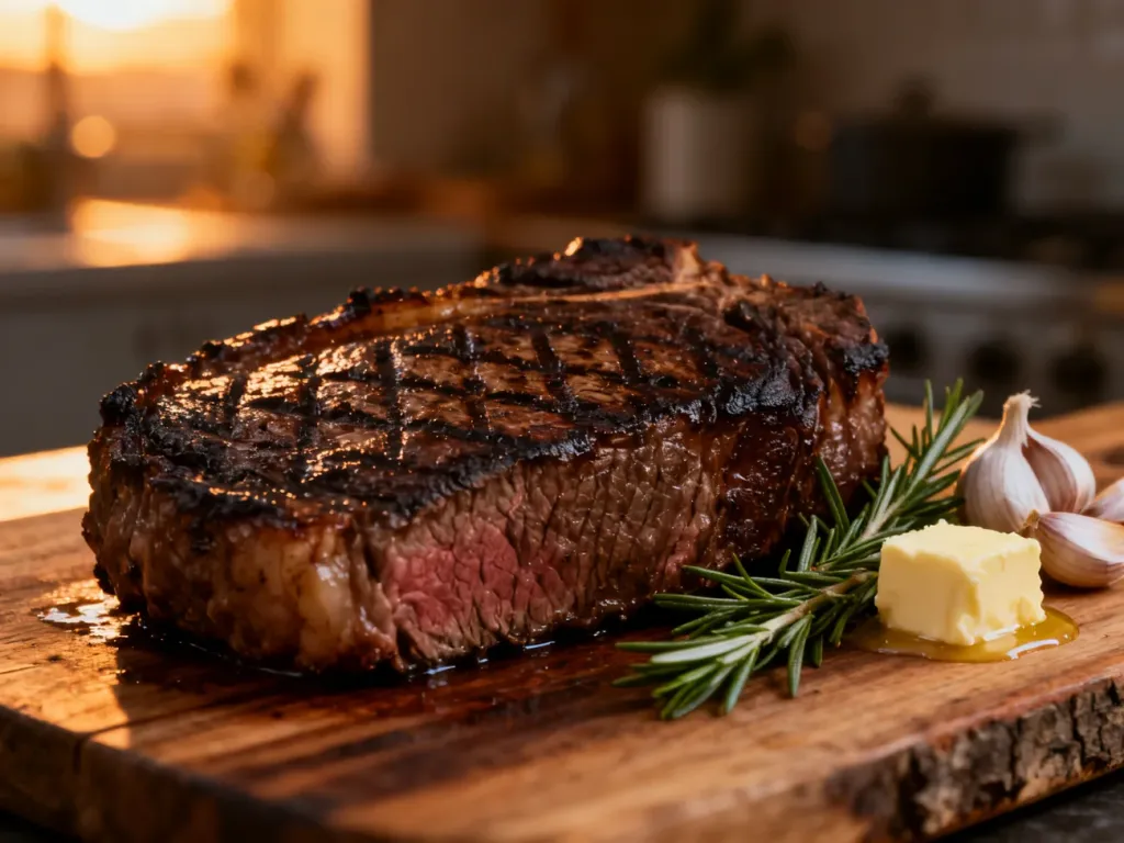 Soczysty stek well done z wyraźnymi śladami grillowania, podany z rozmarynem, czosnkiem i masłem na drewnianej desce.