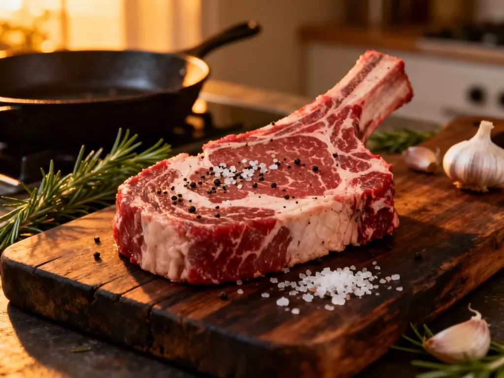 Surowy stek ribeye z przyprawami na drewnianej desce, przygotowany do smażenia na żeliwnej patelni.