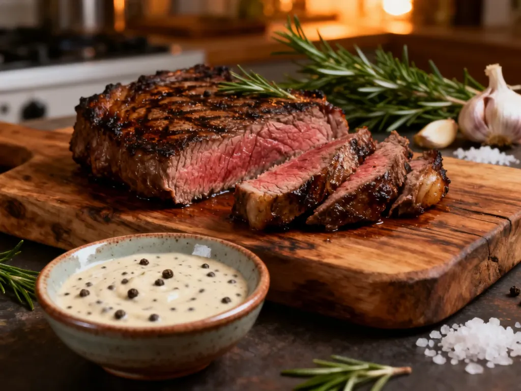 Soczysty stek wysmażony w stopniu medium-rare z miseczką kremowego sosu pieprzowego na drewnianej desce.