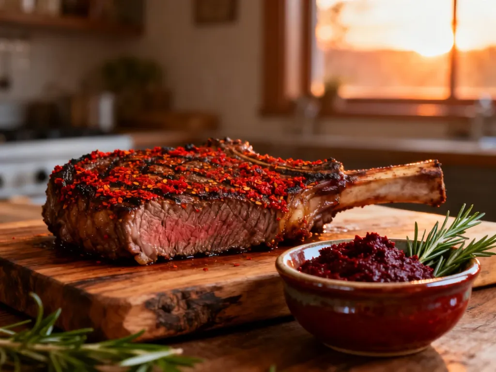 Soczysty stek ribeye z chrupiącą skórką z przyprawy harissa, podany na drewnianej desce z dodatkiem świeżego rozmarynu.
