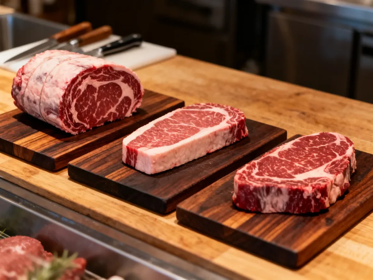 Różne rodzaje steków z części chuck: chuck roll, flat iron i Denver cut