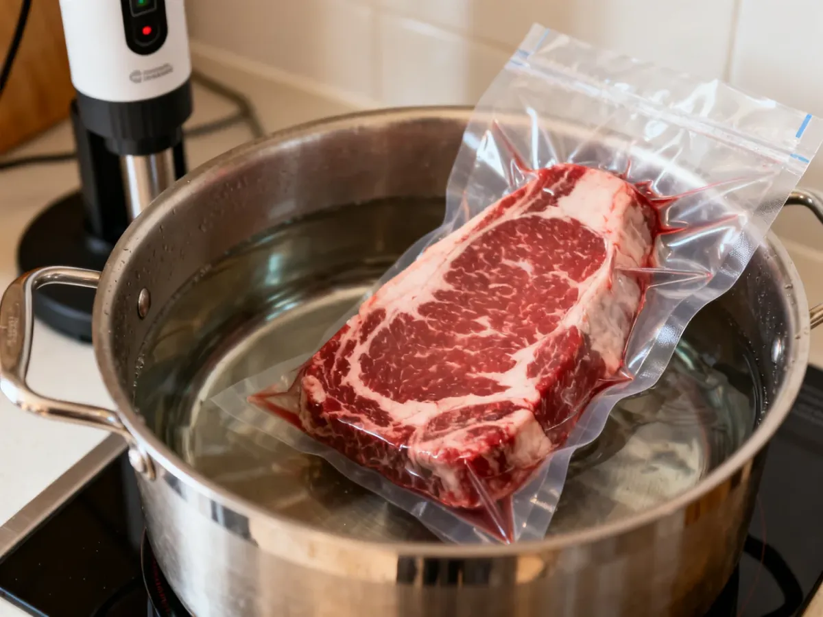 Stek wołowy w worku sous vide zanurzony w kąpieli wodnej obok cyrkulatora