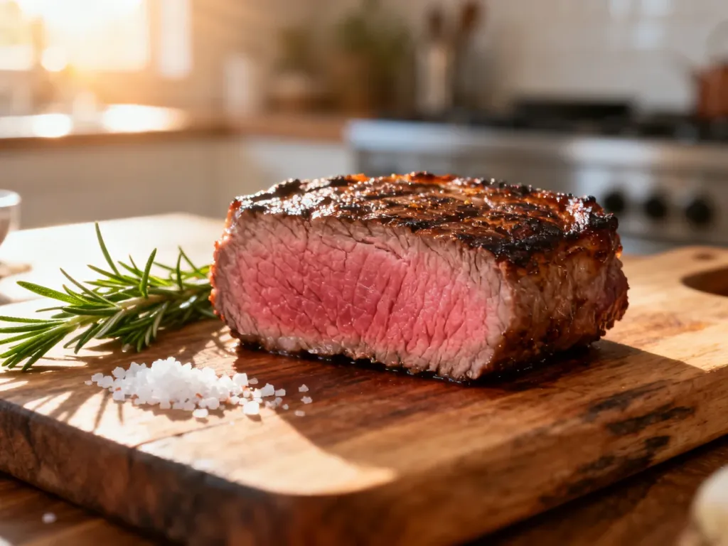 Soczysty stek sous vide o idealnym stopniu wysmażenia medium-rare, podany z rozmarynem na drewnianej desce.