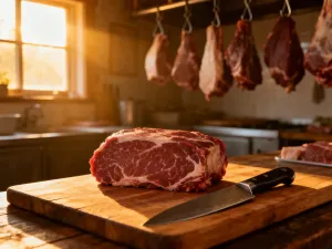 Soczysty stek medium-rare na desce oraz urządzenie sous vide w tle, ilustrujące proces przygotowania mięsa.