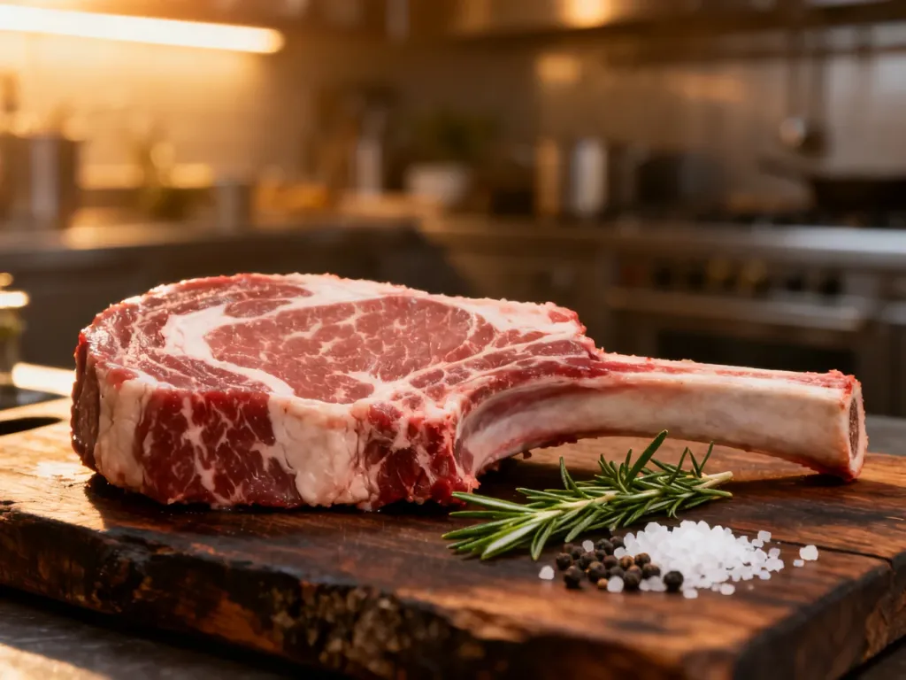 Surowy stek wieprzowy tomahawk z przyprawami na drewnianej desce, przygotowany do smażenia.
