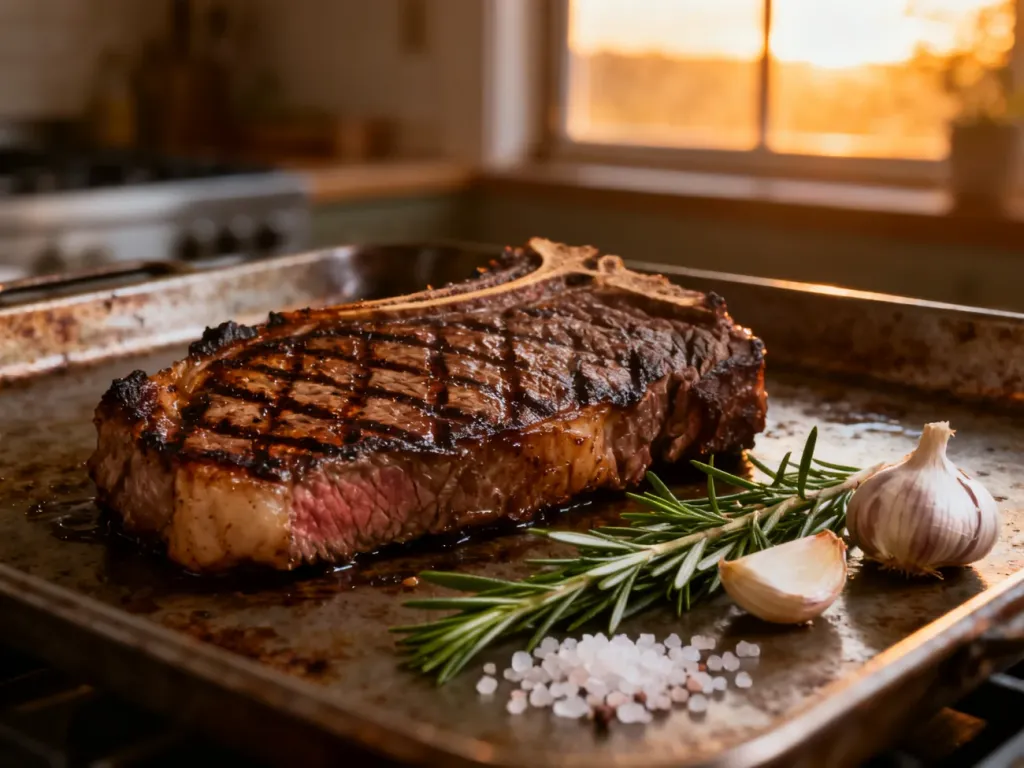 Soczysty stek ribeye z ziołami i czosnkiem na blaszce, gotowy do pieczenia w piekarniku.