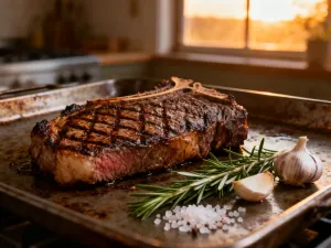 Surowy stek z wołowiny na drewnianej desce przed rozgrzanym grillem węglowym, gotowy do smażenia.